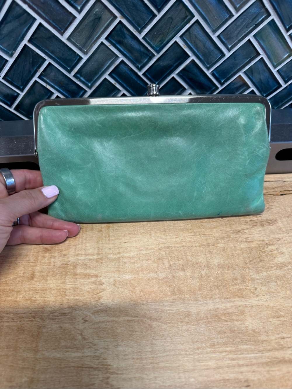 HOBO Seafoam Green Leather Frame Clutch